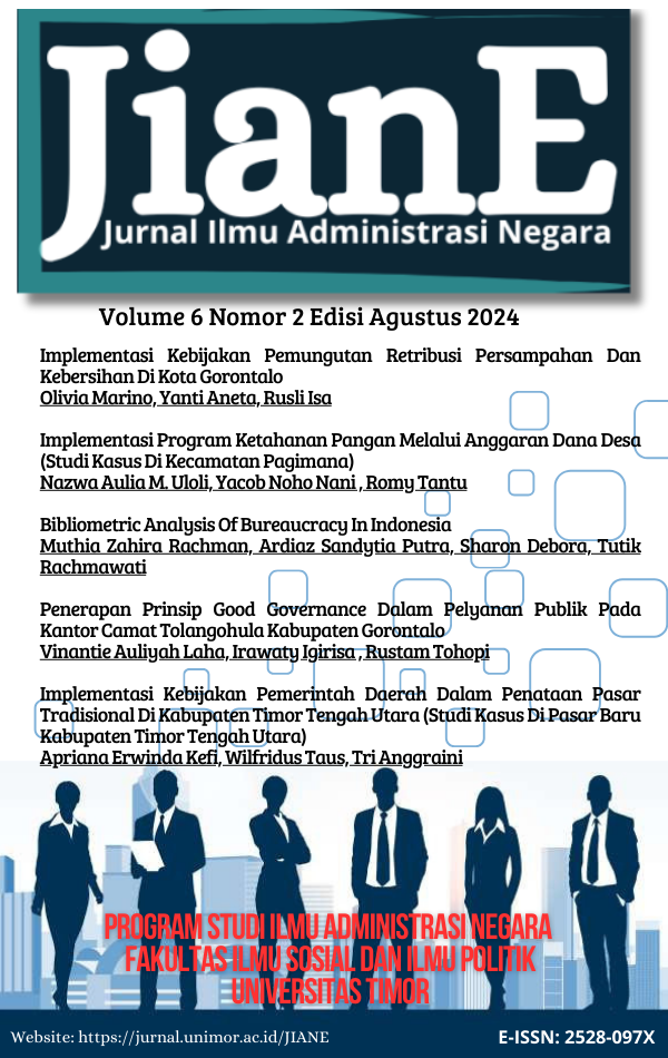 Pada Vol. 6 No. 2 Edisi Agustus 2024, Jurnal Ilmu Admnistrasi Negara (JianE) menerbitkan 5 artikel dimana penulis berasal dari Universitas Negeri Gorontalo, Universitas Katolik Parahyangan, dan Universitas Timor.