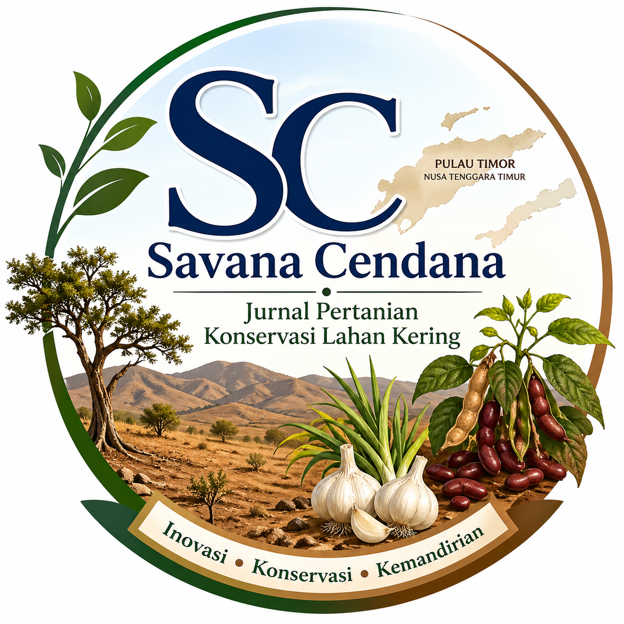 Circular logo of Savana Cendana (SC) journal featuring a dryland savanna landscape from Timor, with a cendana tree, garlic and red bean crops, and the outline of Timor Island, along with the text ‘Savana Cendana – Jurnal Pertanian Konservasi Lahan Kering’ and the tagline ‘Inovasi • Konservasi • Kemandirian